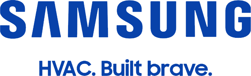A blue and white logo for samsung hvac built brave