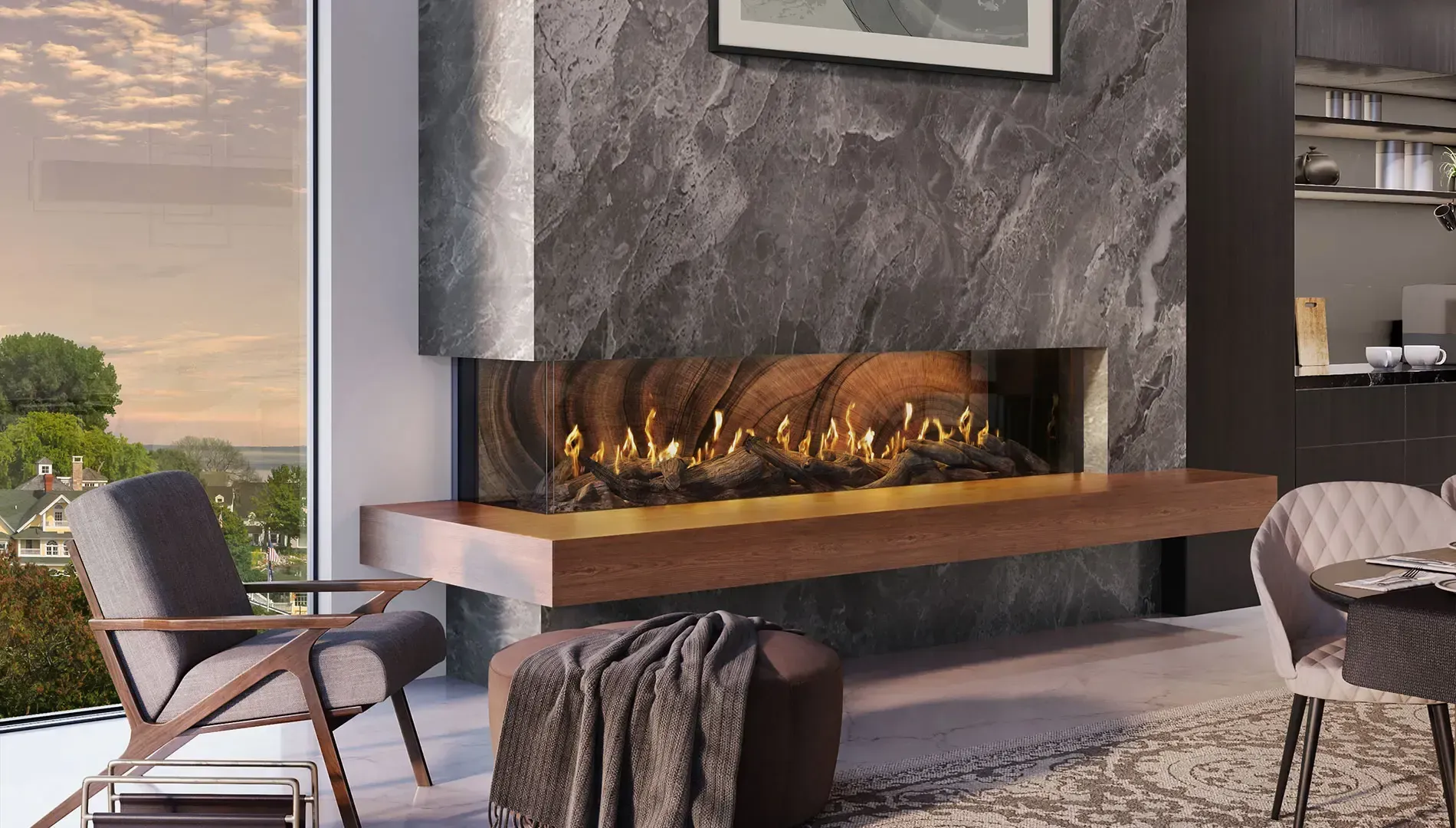 A living room with a fireplace and a chair.
