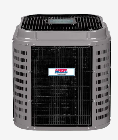 A gray and black air conditioner with a white label on it