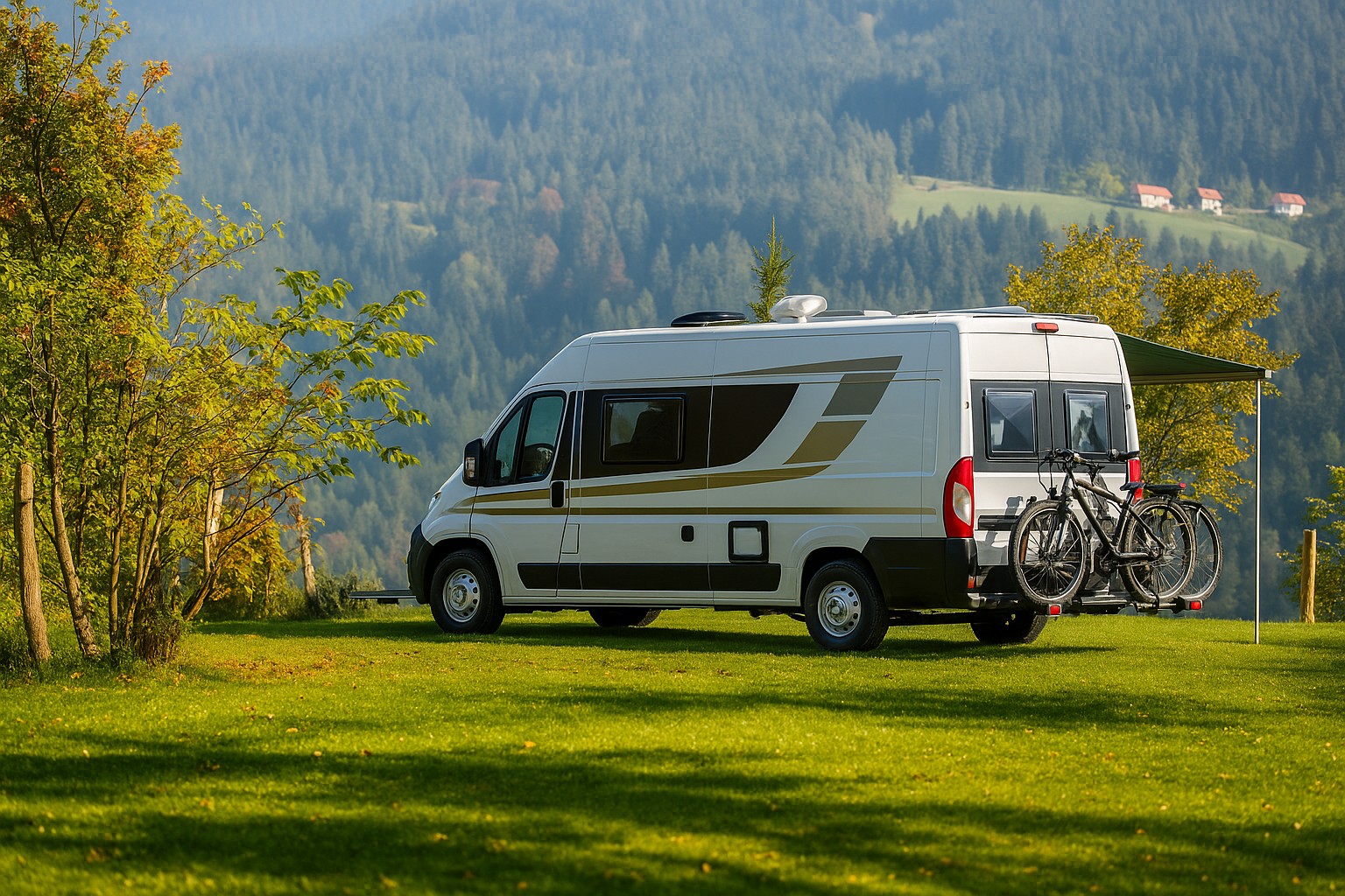 A Caravan is Parked in a Grassy Field With Bikes on the Back — Pialba Brake Clutch & Steering Centre in Pialba, QLD