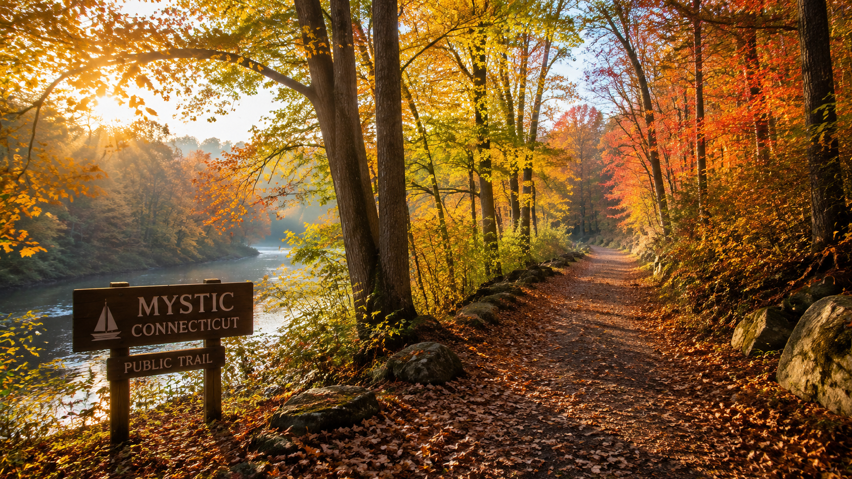 fall hiking Mystic CT forest trail with autumn foliage