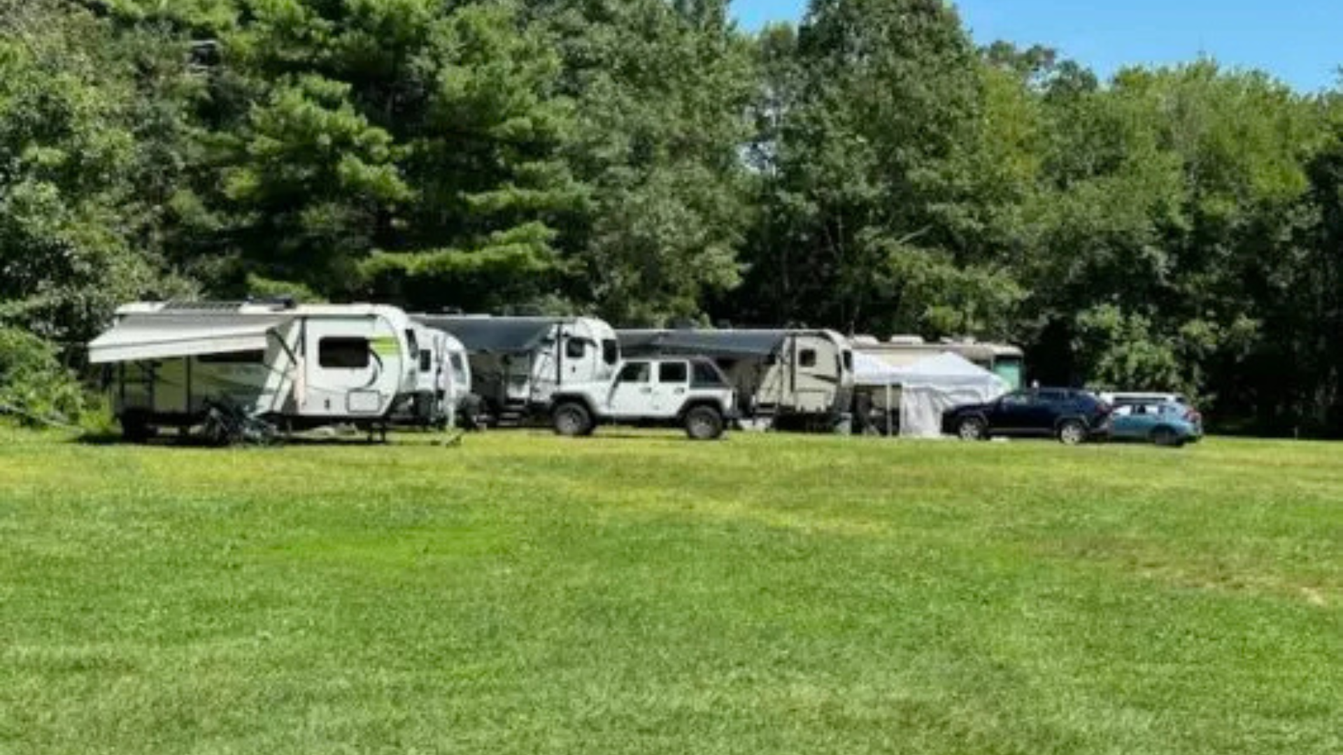 A row of rvs are parked in a grassy field.