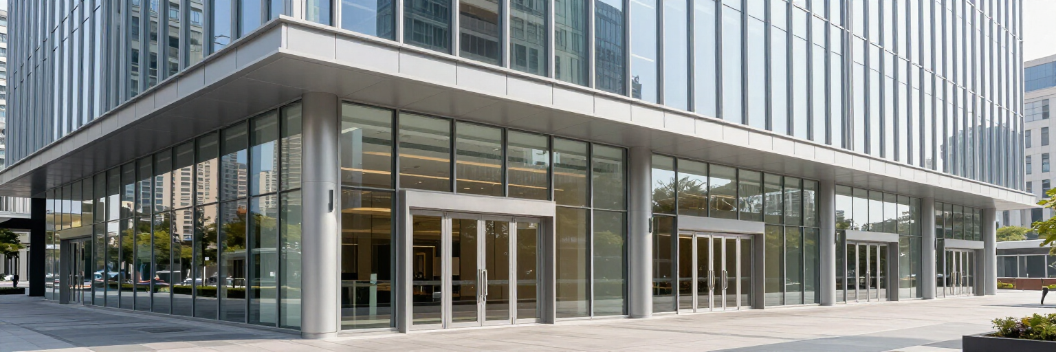 Fachada de vidrio para plaza comercial y corporativo