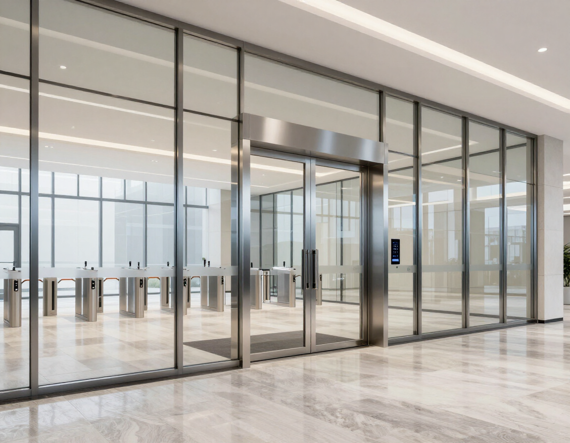 Acceso corporativo con puertas automáticas de vidrio y aluminio