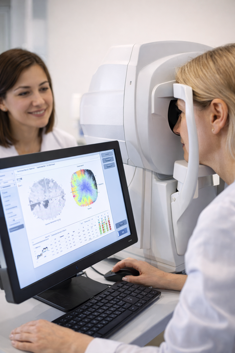 A professional using an eye scanning machine to examine a patient’s vision, with colorful data displayed on a computer screen.