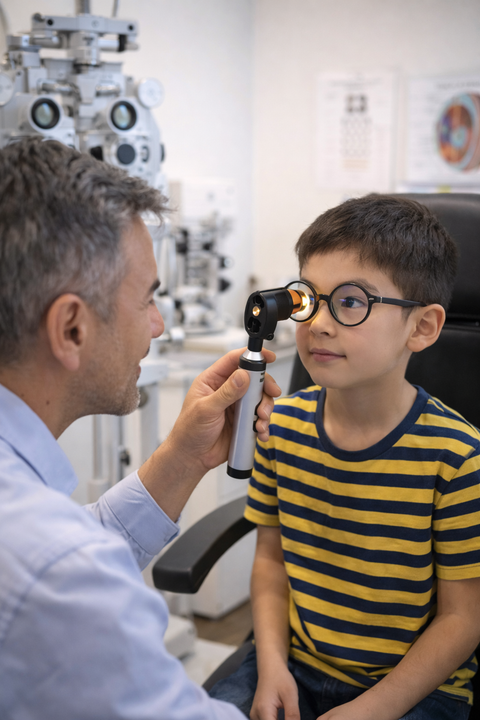 An optometrist uses an ophthalmoscope to examine a child's eye while the child wears glasses in a clinical setting.