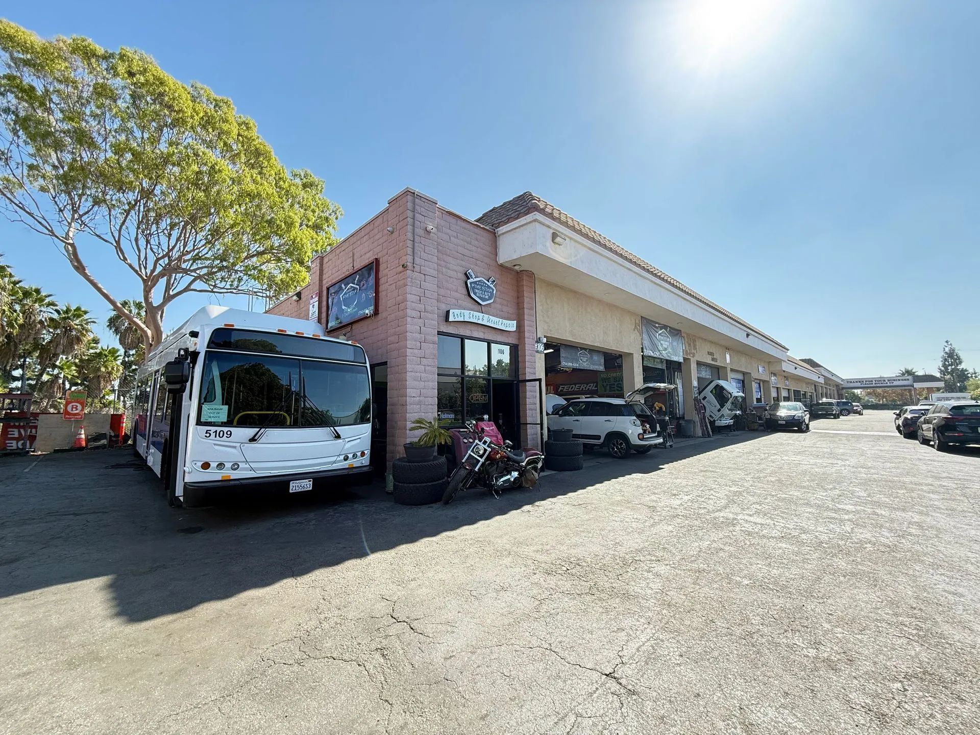 Outside the Five Star Truck & Auto Repair in Anaheim, CA