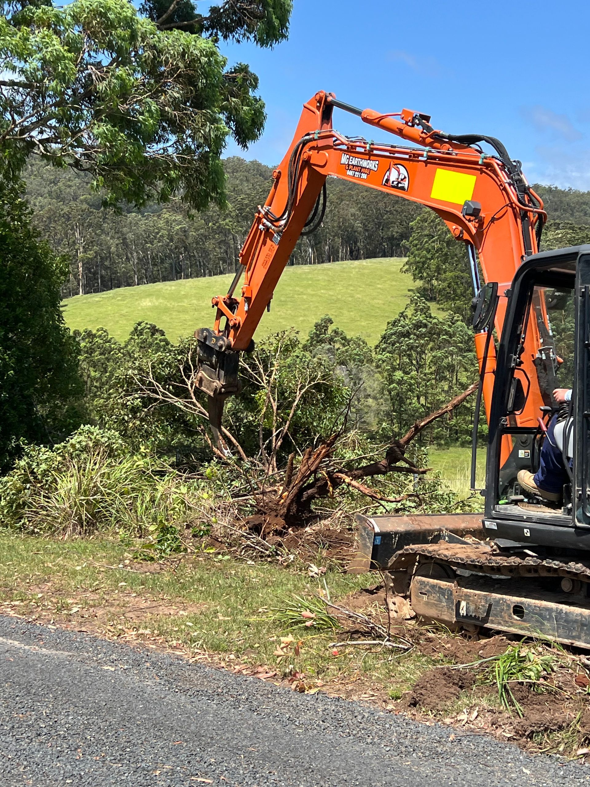 Orange excavator clearing brush on a grassy hillside, near a road.