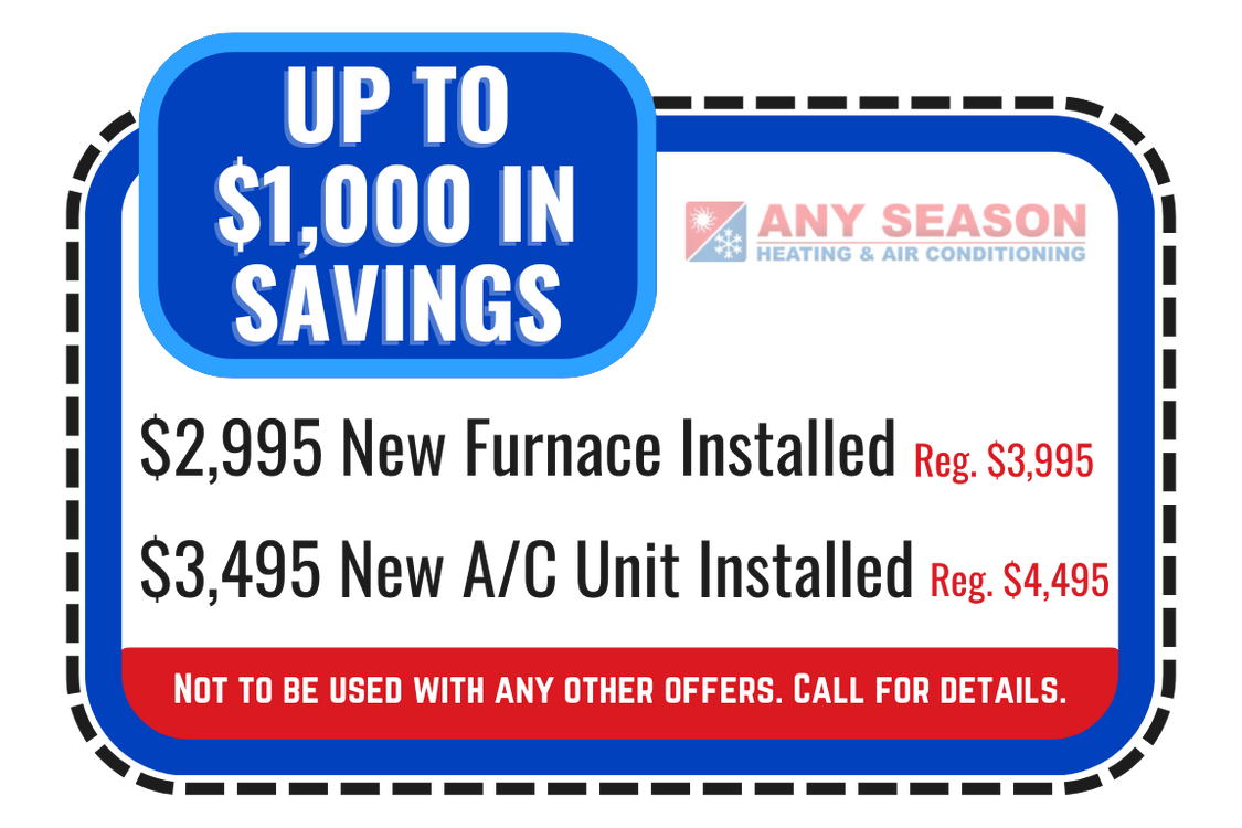 Advertisement for Any Season Heating & Air Conditioning: offers up to $1,000 savings. New furnace for $2,995 and new A/C unit for $3,495.