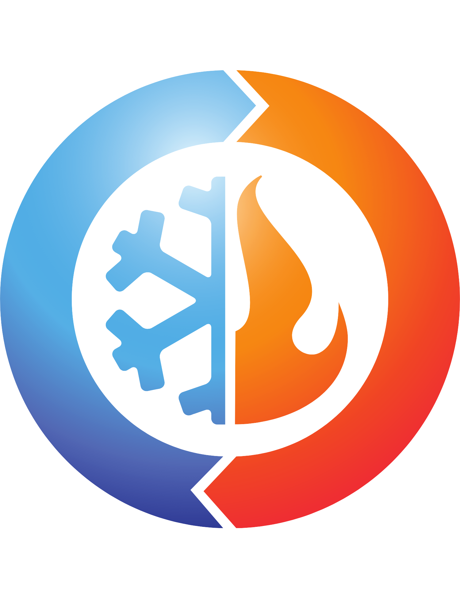 HVAC logo: snowflake and flame inside a circle with blue and red arrows, representing heating and cooling.