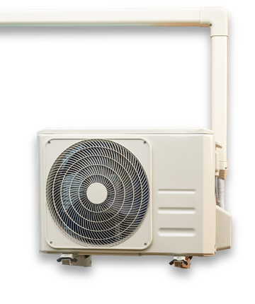 Air conditioning unit, outdoor, with fan and white ductwork against a white wall.