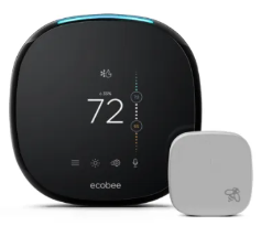 Ecobee smart thermostat, black, round, with small white sensor. Display shows 72 degrees.
