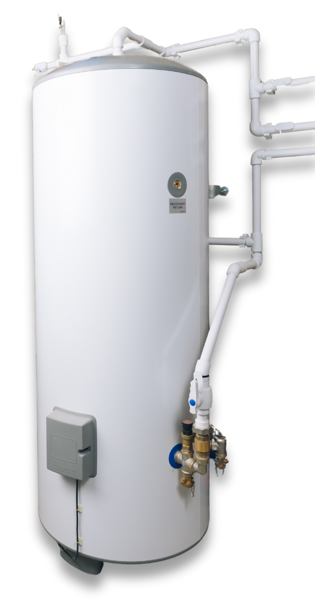 White cylindrical water heater with pipes and valves.