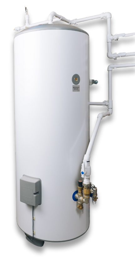 White cylindrical water heater with pipes and valves.