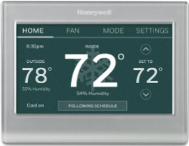 Honeywell thermostat display showing inside temperature of 72 degrees, cool is on.