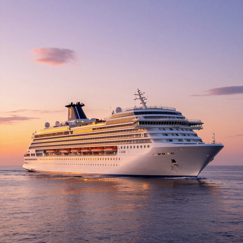 Large white cruise ship sailing on calm water at sunset under a pink sky