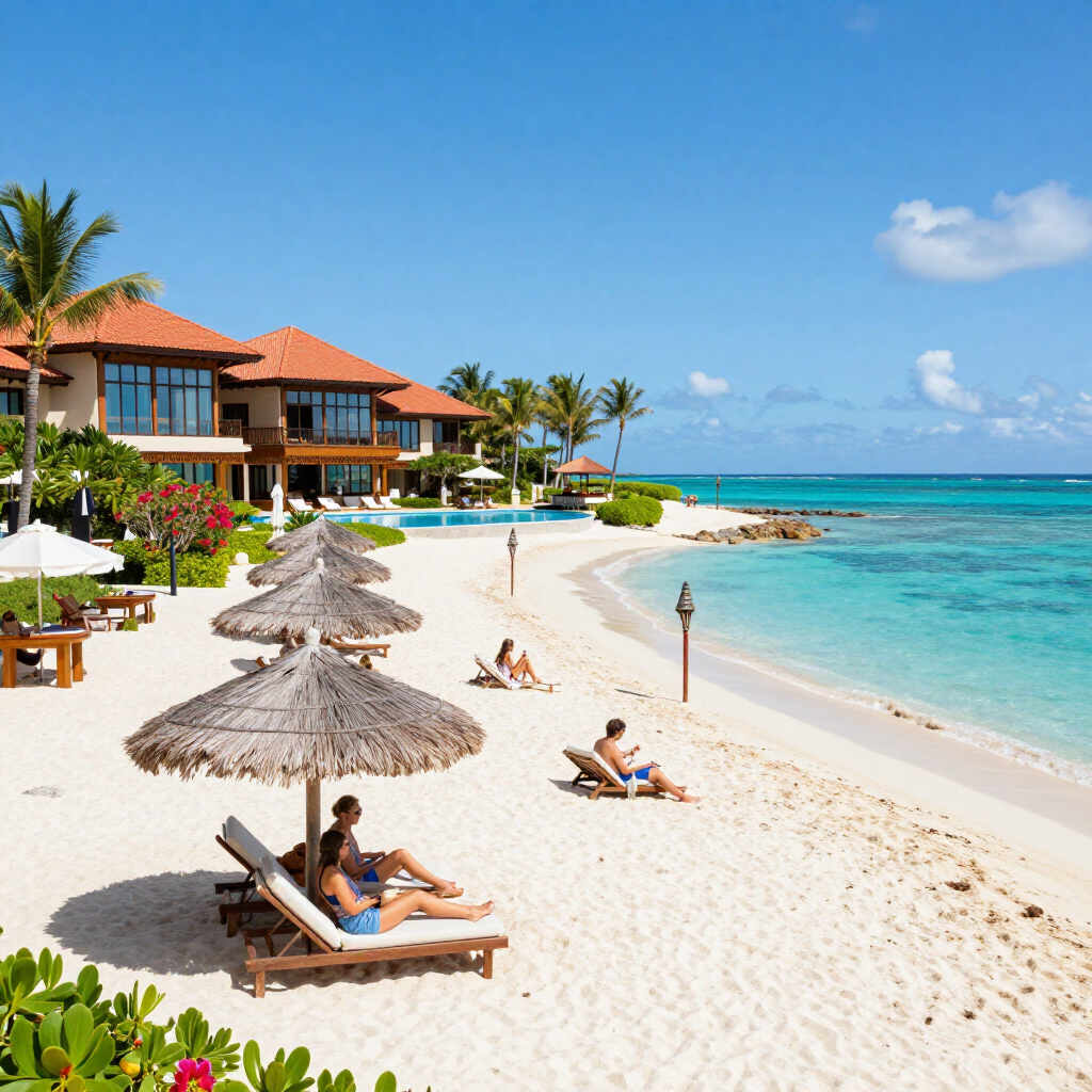 Sunny beach resort with thatched umbrellas, lounge chairs, turquoise water, and people relaxing by the shore