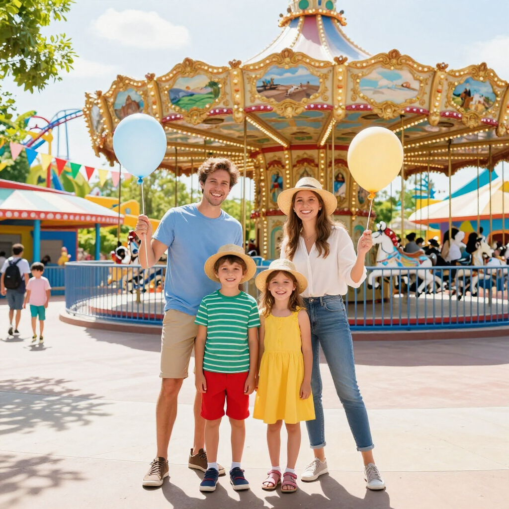 Family standing in front of a colorful carousel at an amusement park, holding balloons.