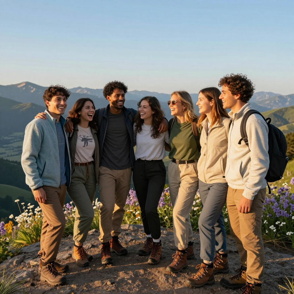 Group of six friends standing on a mountain trail at sunset, smiling with backpacks and wildflowers nearby.