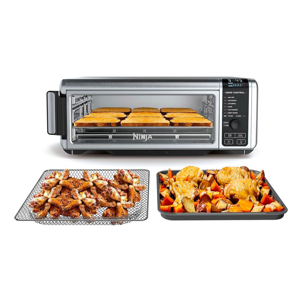 A toaster oven with a bunch of food inside of it.