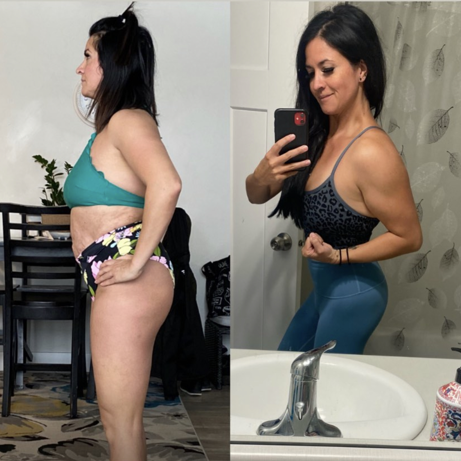 A woman in a bikini is taking a selfie in front of a mirror