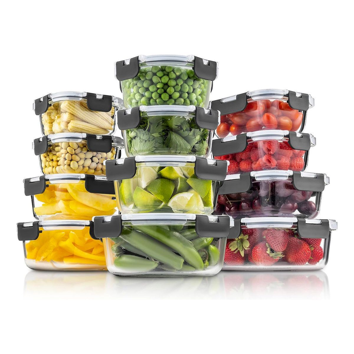 A group of glass containers filled with fruits and vegetables.
