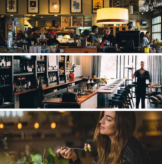 Three-panel collage of cozy bar interiors and a woman smiling while holding a drink at a warmly lit table