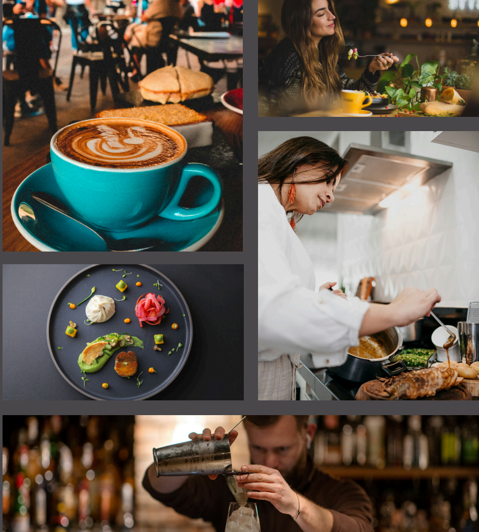 Coffee and restaurant collage: latte art, chef cooking, plated dishes, and a bartender pouring a drink