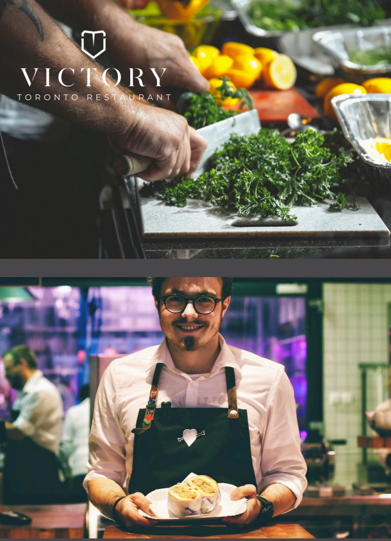 Chef chopping greens in a kitchen above a smiling server holding a plated dish