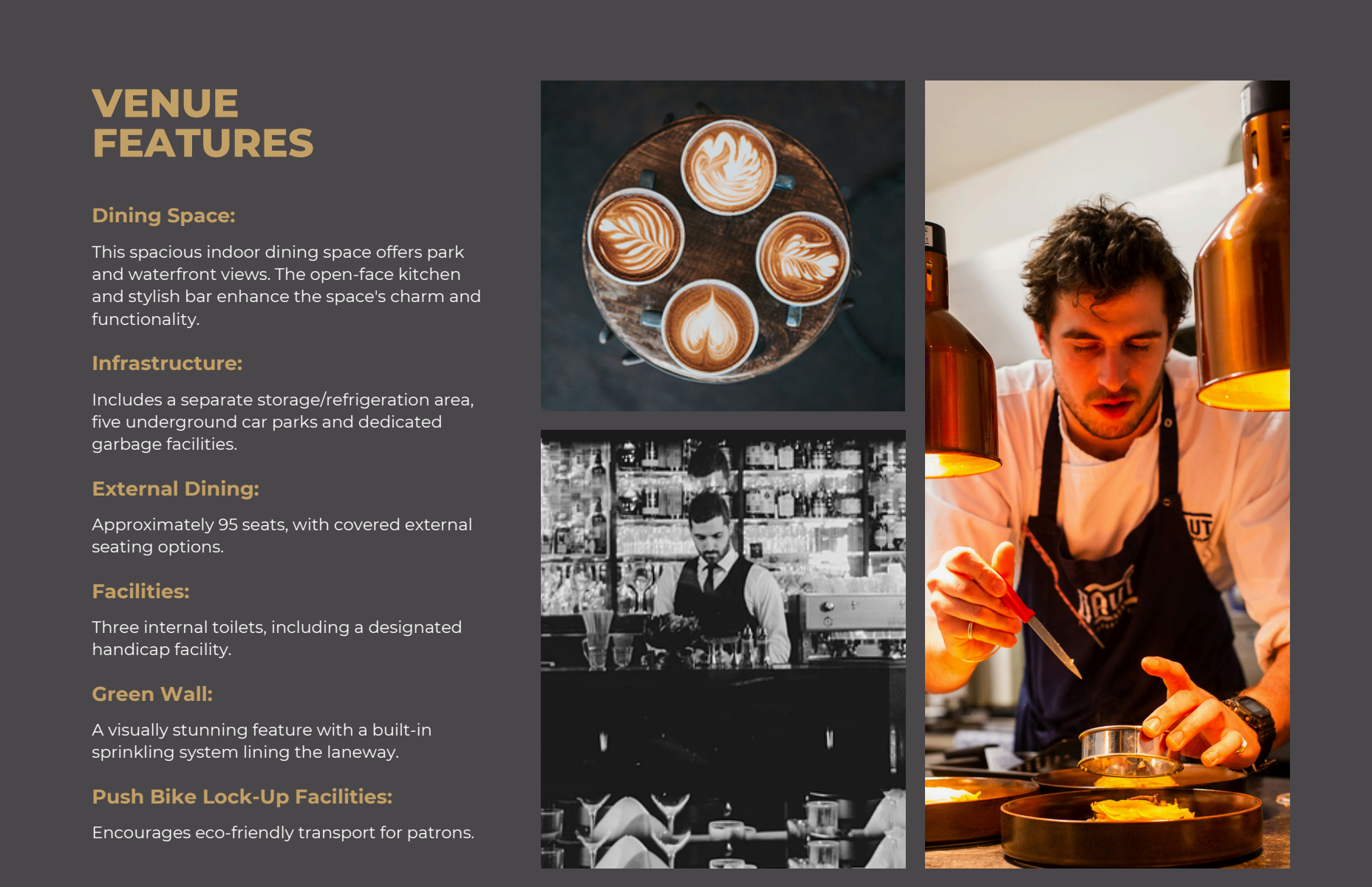 Venue features collage with cafe drinks, black-and-white interior photos, and a barista preparing food behind the counter