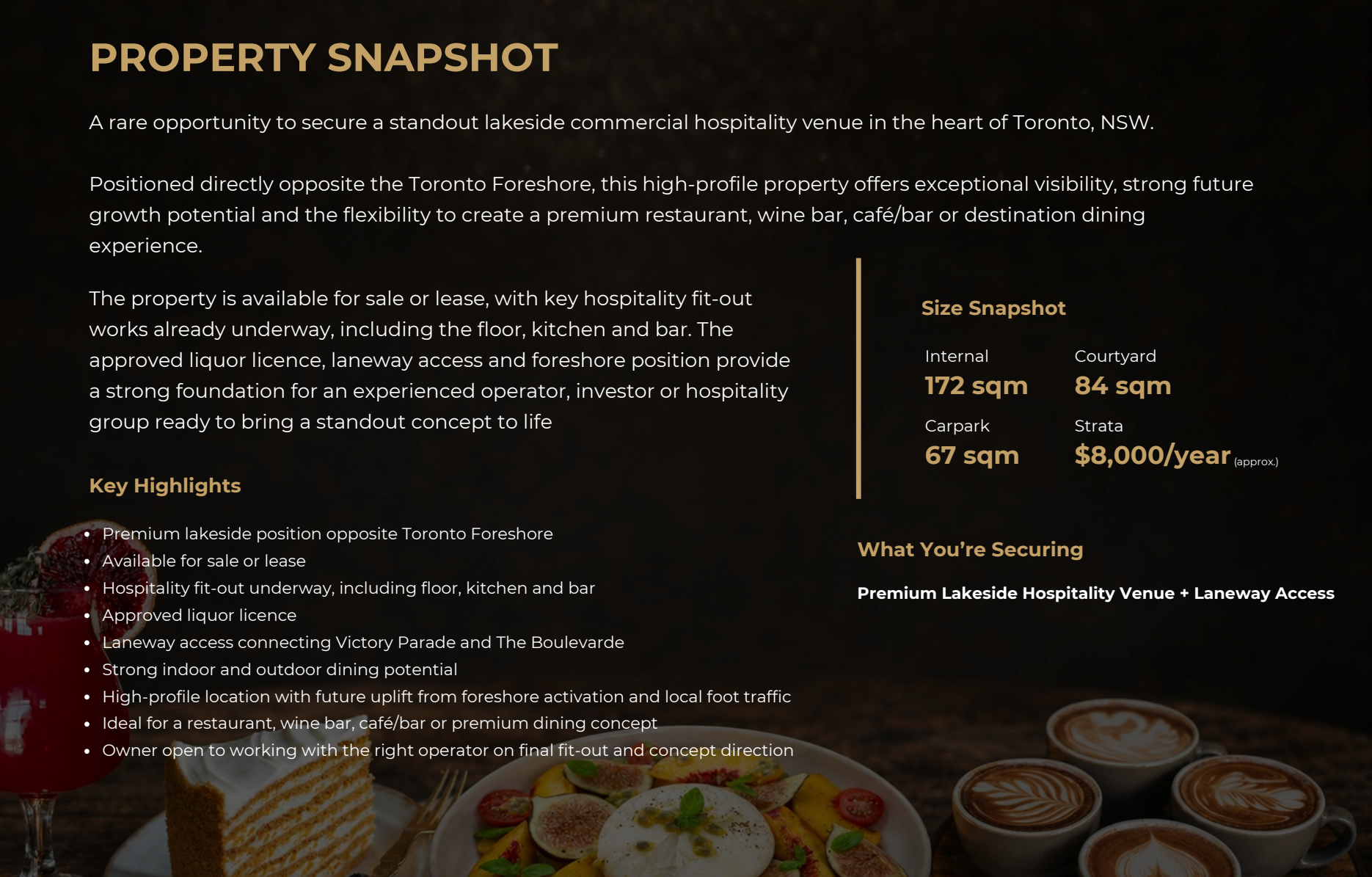 Property snapshot flyer with white text on a dark background and food photos along the bottom
