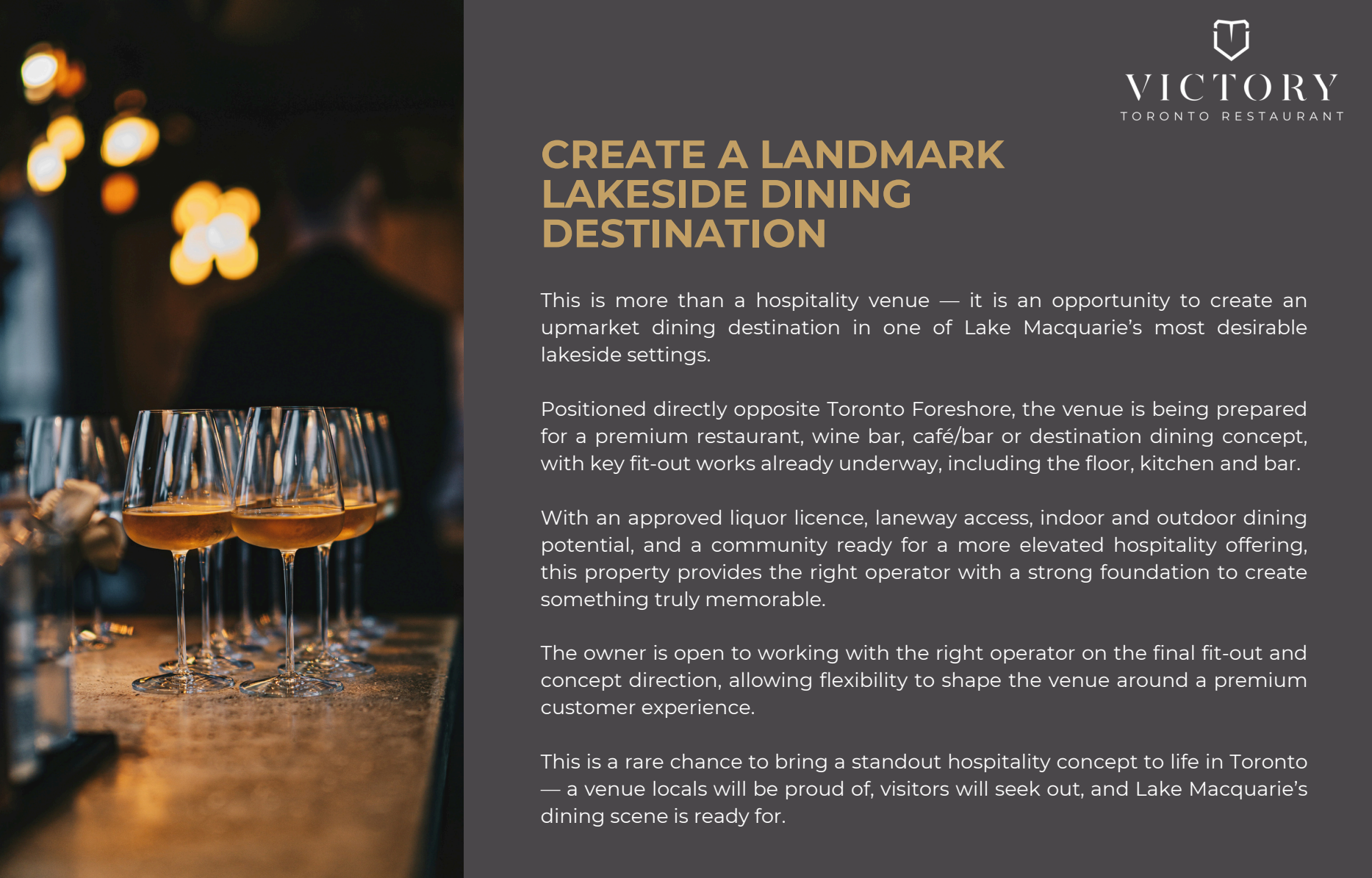 Promotional flyer for a lakeside dining destination with wine glasses on a table and warm bokeh lights