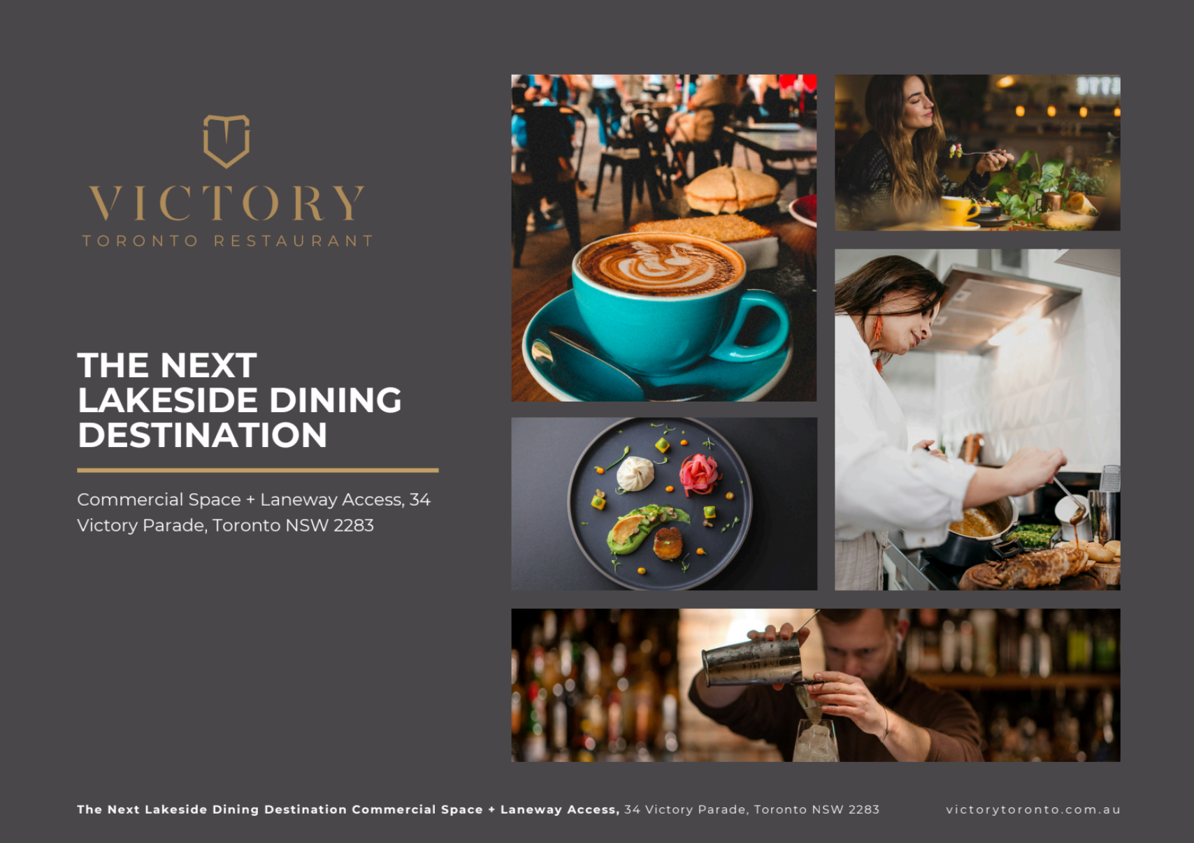 Luxury dining promo collage with cocktails, plated dishes, chef cooking, and a candlelit restaurant interior