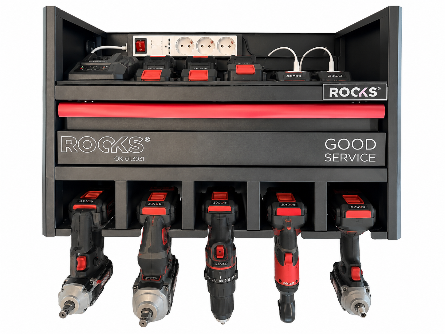 ROCKS-gereedschapsorganizer voor aan de muur met stopcontacten en vijf booraccessoires.
