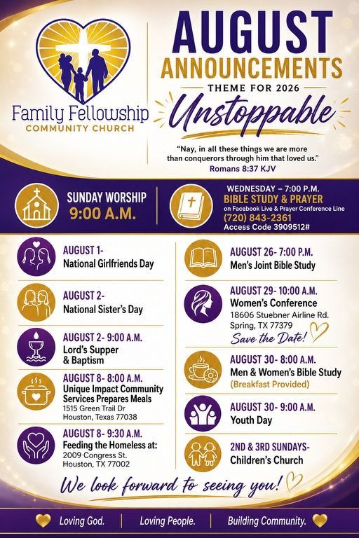 August church announcements flyer with purple and gold design, listing weekly worship events and service times