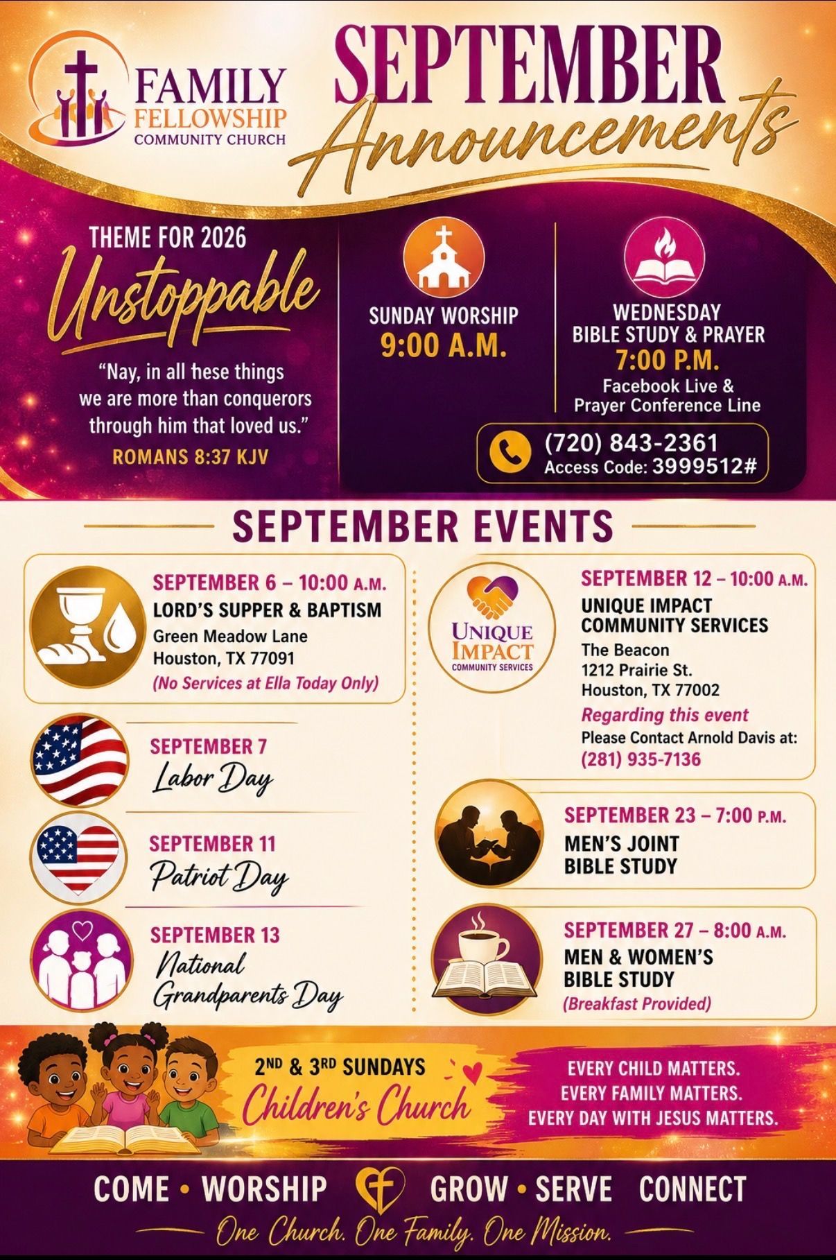 September church announcements flyer with purple-gold design, event dates, times, and ministry activity icons.