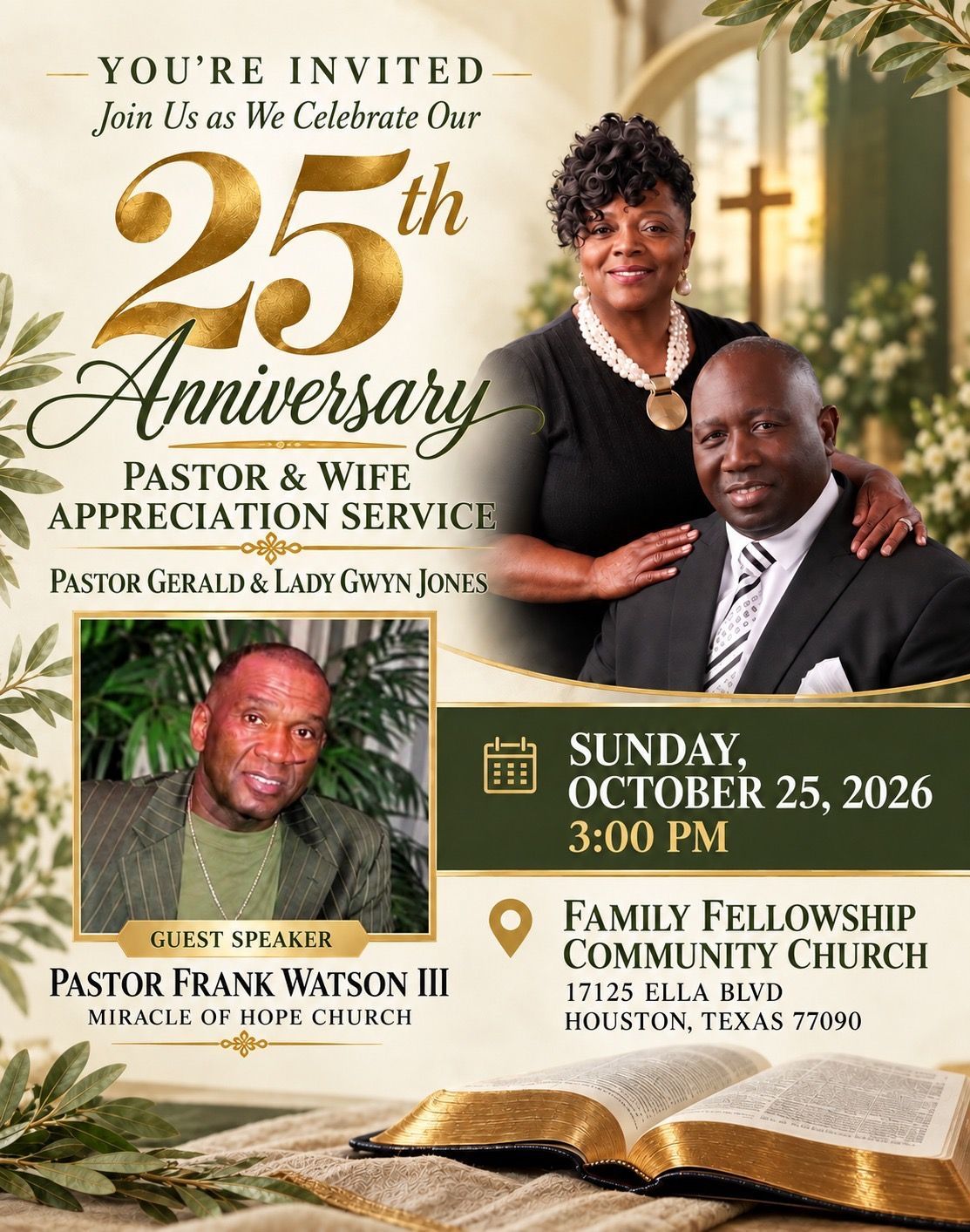 20th anniversary celebration flyer with pastors, Sunday Oct. 25, 2026, 3 PM, at Family Fellowship Community Church.