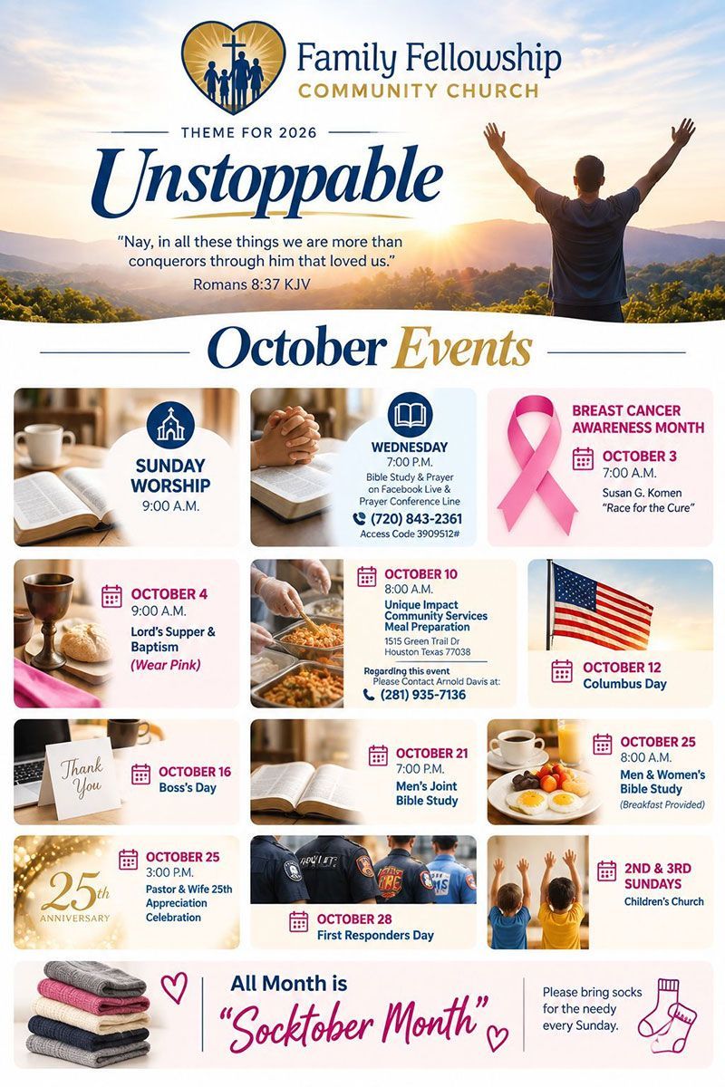 Family Fellowship Church October events flyer with sunrise, mountains, worship, and breast cancer awareness graphics