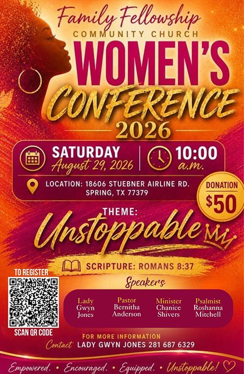 Women’s conference flyer in red and gold for August 2026, theme “Unstoppable,” with date, time, and QR code