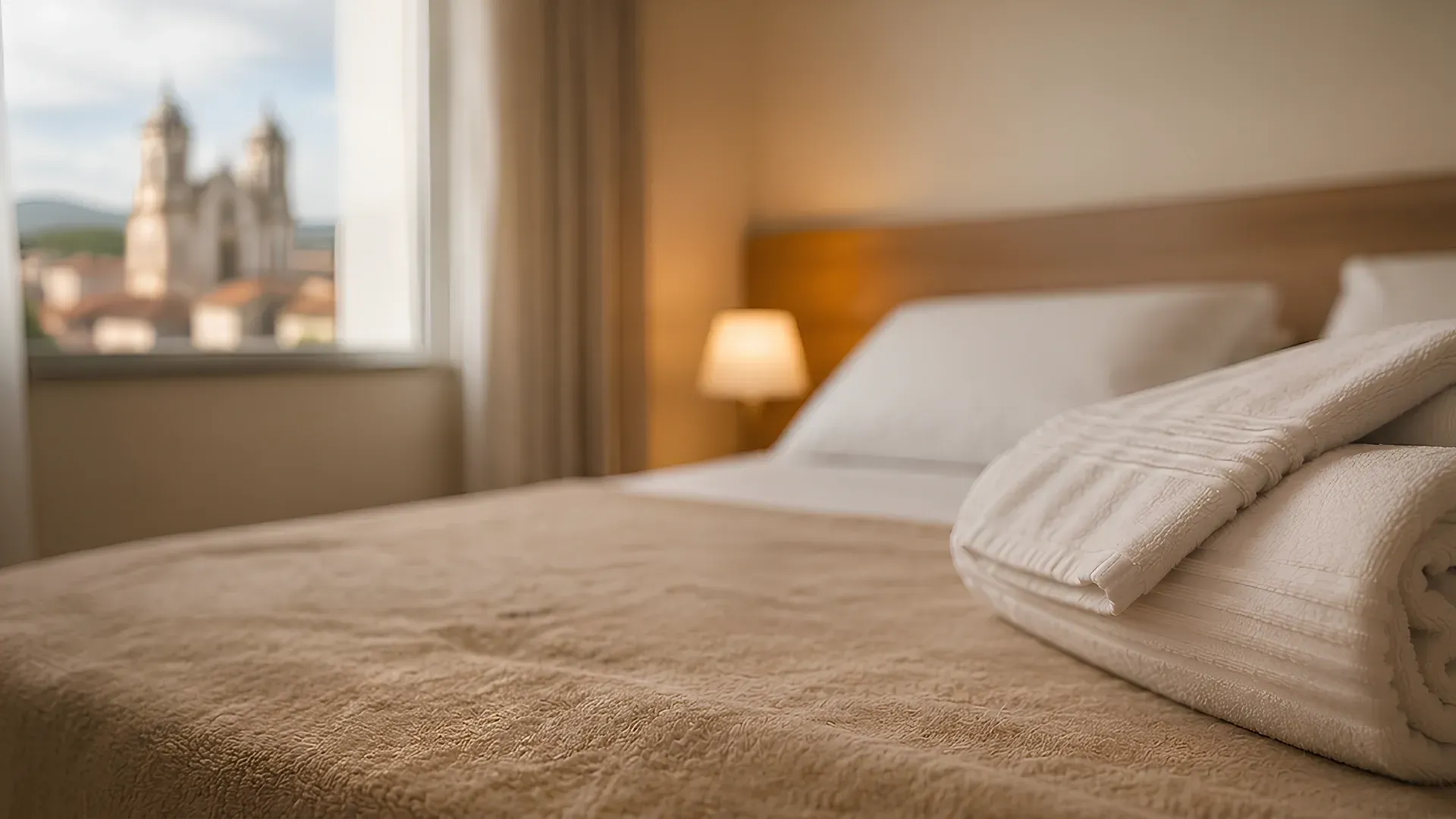 Cama de quarto de hotel com lençóis bege, toalhas brancas dobradas e uma vista desfocada da catedral através da janela.
