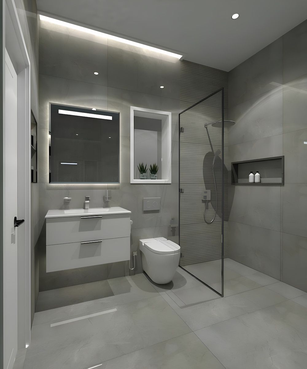 A Bathroom With A Toilet A Sink And A Walk In Shower — Tile Centre NT In Winnellie, NT