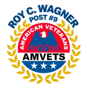 AMVETS logo for Roy C. Wagner Post #9, with red, white, blue, and gold laurel wreath.
