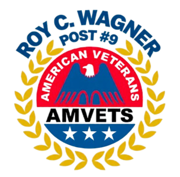 AMVETS logo for Roy C. Wagner Post #9, with red, white, blue, and gold laurel wreath.
