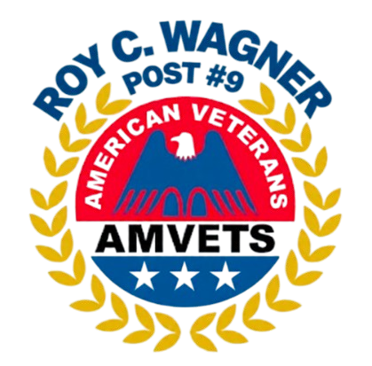 AMVETS logo for Roy C. Wagner Post 9, with blue eagle, red banner, and gold laurel wreath