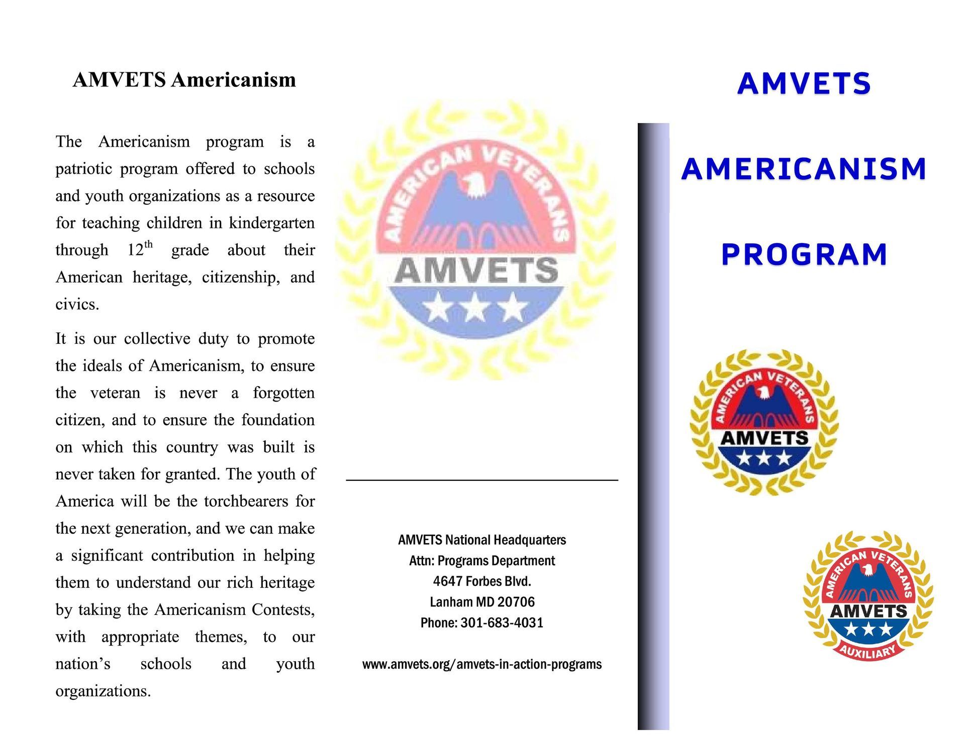 AMVETS Americanism Program brochure with text and patriotic red, white, and blue emblems