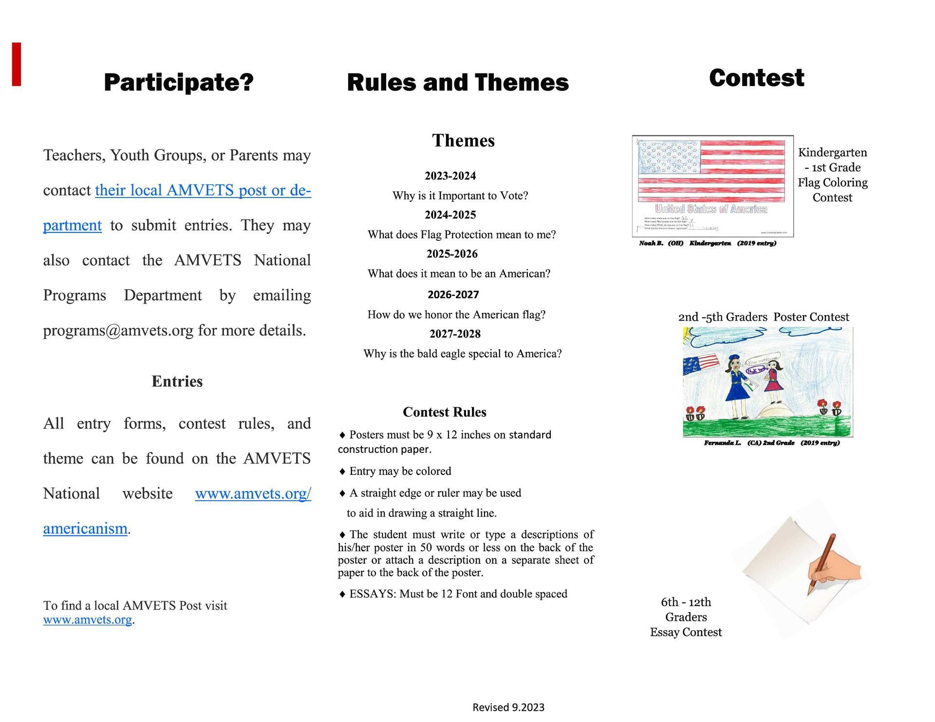 Three-column contest flyer with participation instructions, rules, and prize examples, plus small example images.