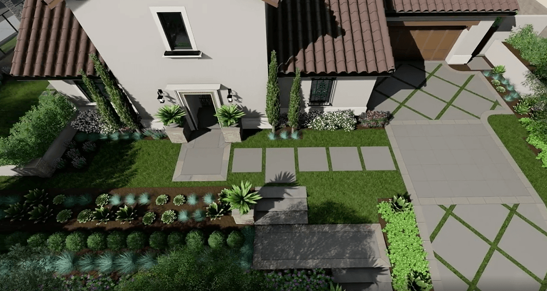 Overhead view of a house with a gray walkway, green grass, and landscaping with a brown roof and garage.