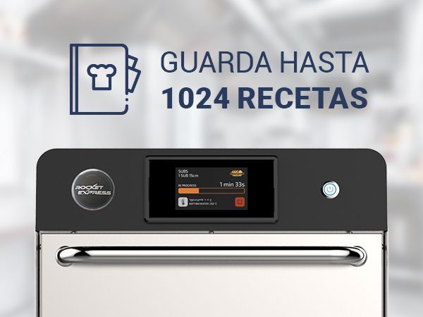 Un horno de acero inoxidable con una pantalla que dice 'guarda hasta 1004 recetas'