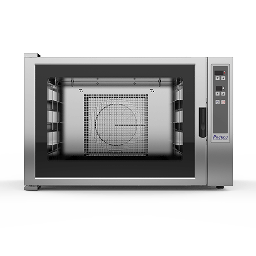 Un horno de acero inoxidable con un ventilador en su interior sobre un fondo blanco.