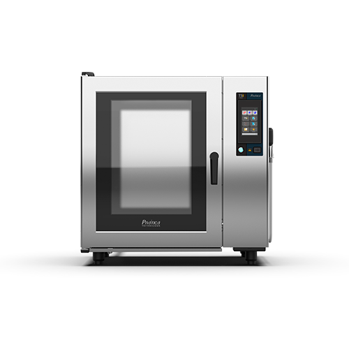 Un horno de acero inoxidable con pantalla digital sobre fondo blanco.